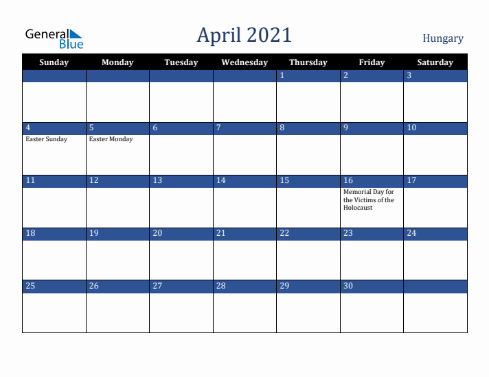 April 2021 Hungary Calendar (Sunday Start)