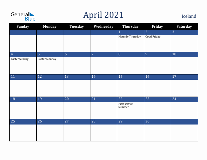 April 2021 Iceland Calendar (Sunday Start)
