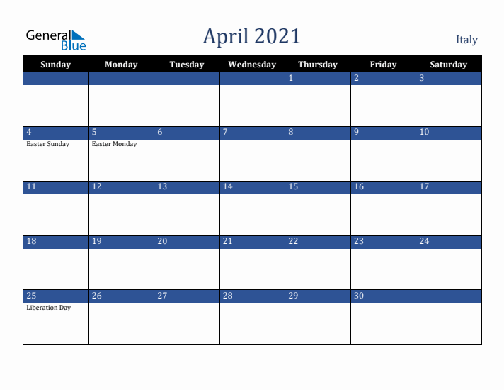 April 2021 Italy Calendar (Sunday Start)