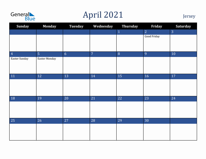 April 2021 Jersey Calendar (Sunday Start)