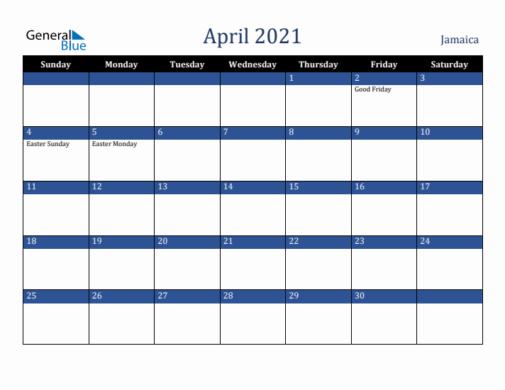 April 2021 Jamaica Calendar (Sunday Start)