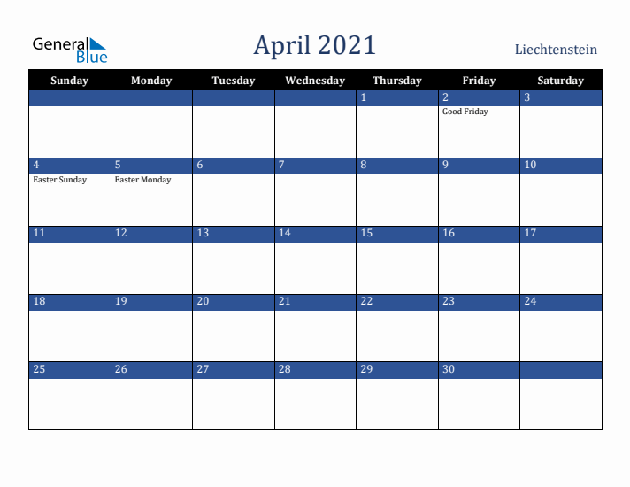 April 2021 Liechtenstein Calendar (Sunday Start)