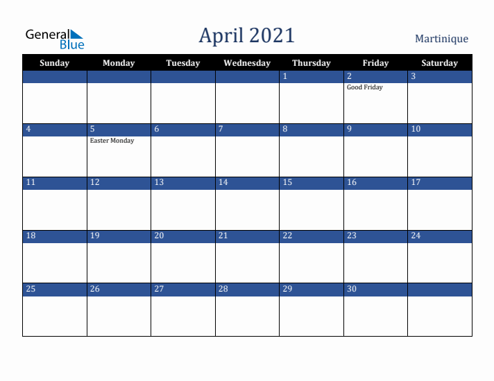 April 2021 Martinique Calendar (Sunday Start)