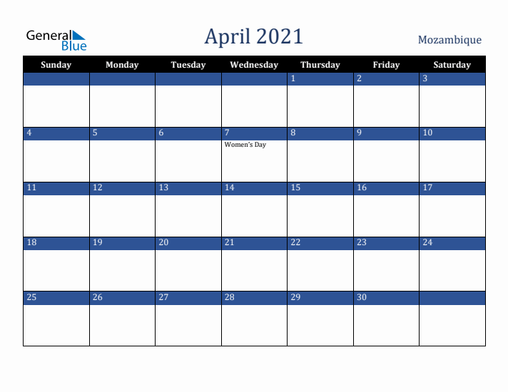 April 2021 Mozambique Calendar (Sunday Start)