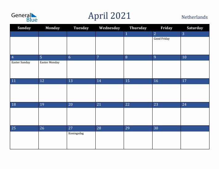 April 2021 The Netherlands Calendar (Sunday Start)