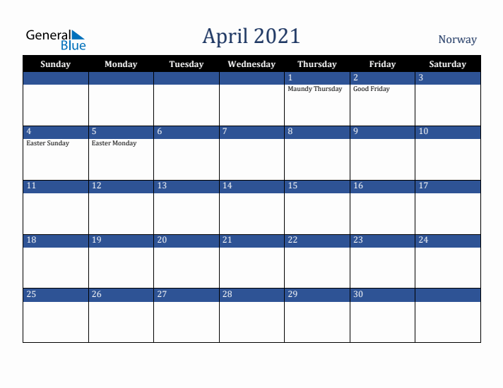 April 2021 Norway Calendar (Sunday Start)