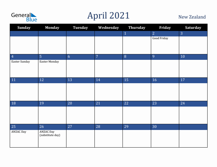 April 2021 New Zealand Calendar (Sunday Start)