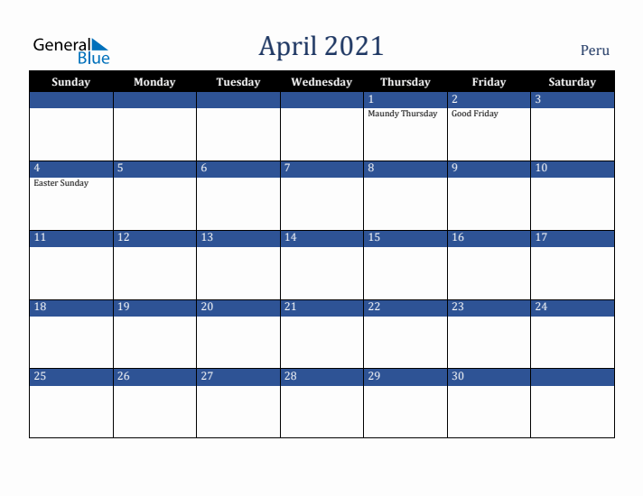 April 2021 Peru Calendar (Sunday Start)