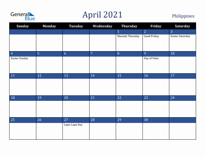 April 2021 Philippines Calendar (Sunday Start)