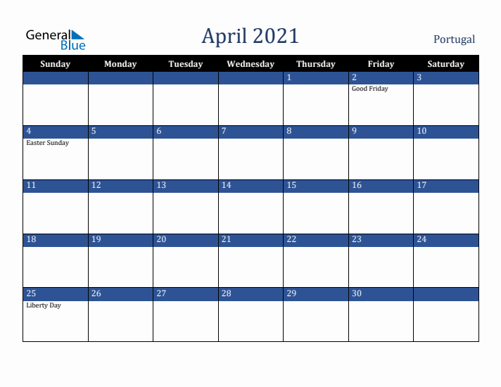 April 2021 Portugal Calendar (Sunday Start)
