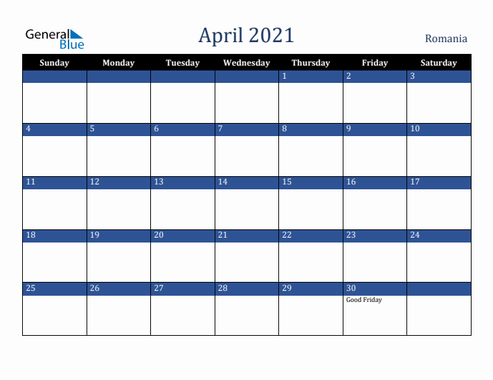 April 2021 Romania Calendar (Sunday Start)