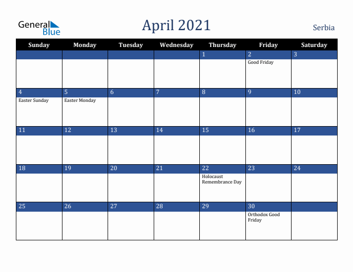 April 2021 Serbia Calendar (Sunday Start)