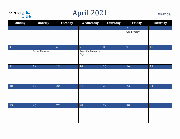 April 2021 Rwanda Calendar (Sunday Start)