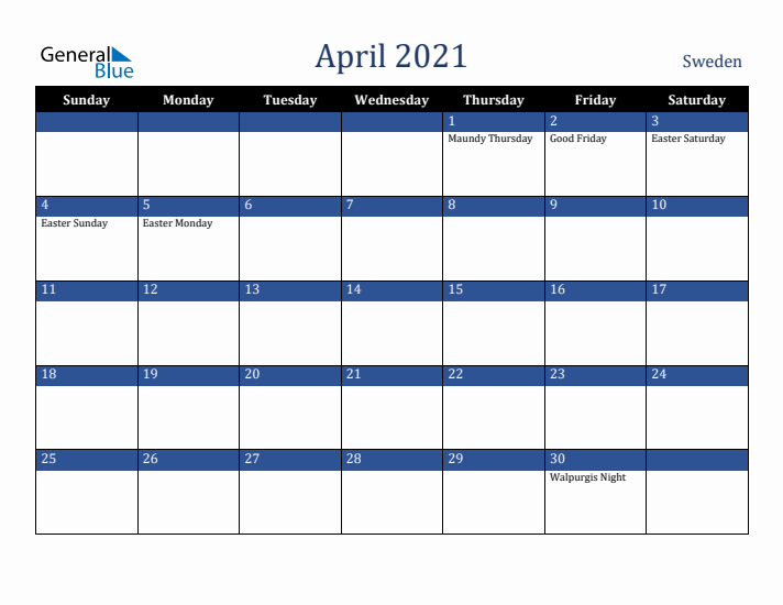 April 2021 Sweden Calendar (Sunday Start)