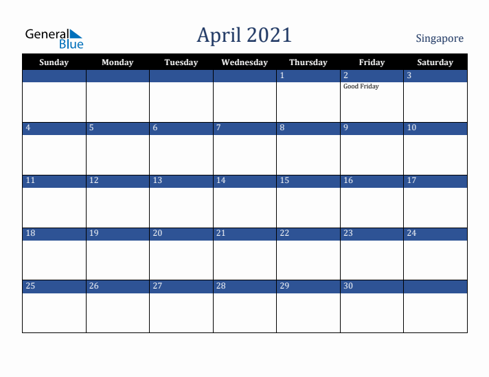 April 2021 Singapore Calendar (Sunday Start)