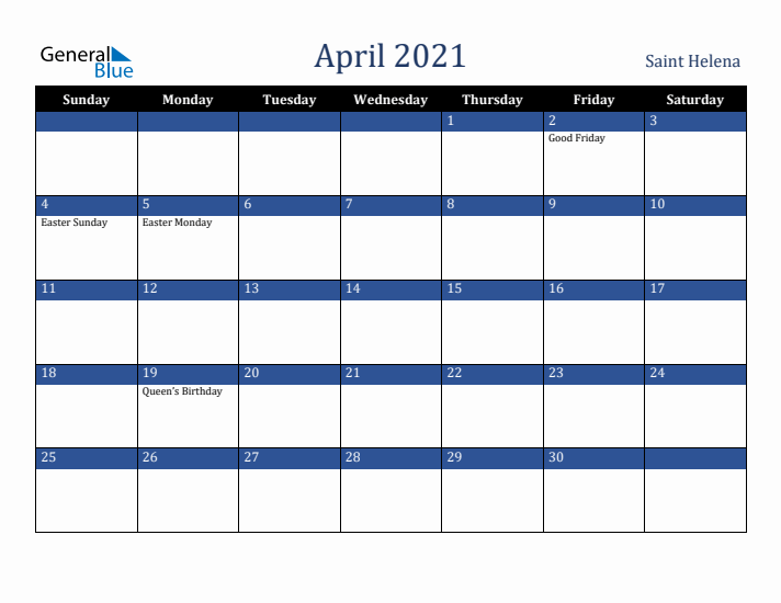 April 2021 Saint Helena Calendar (Sunday Start)