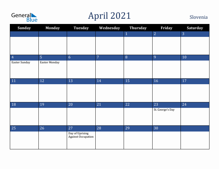 April 2021 Slovenia Calendar (Sunday Start)