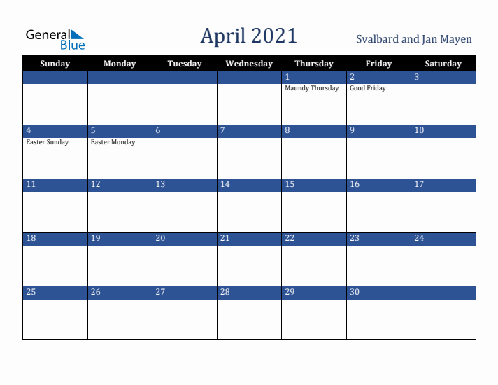 April 2021 Svalbard and Jan Mayen Calendar (Sunday Start)