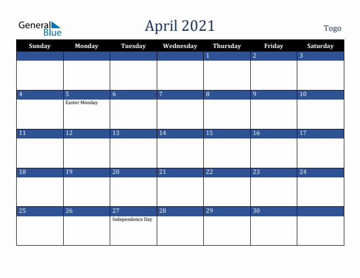 April 2021 Togo Calendar (Sunday Start)