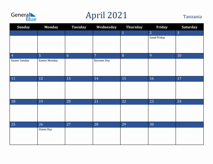 April 2021 Tanzania Calendar (Sunday Start)