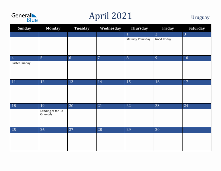 April 2021 Uruguay Calendar (Sunday Start)
