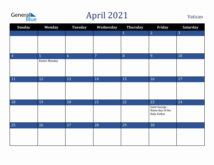 April 2021 Vatican Calendar (Sunday Start)