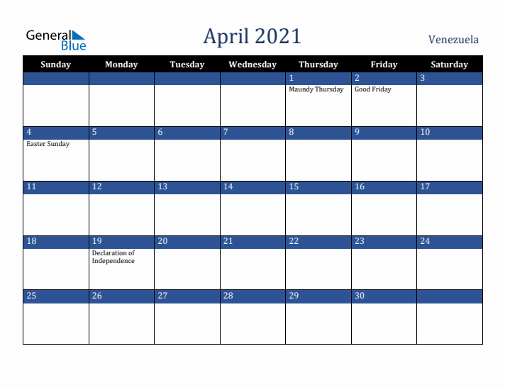 April 2021 Venezuela Calendar (Sunday Start)