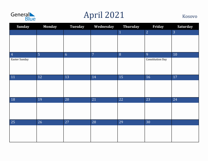 April 2021 Kosovo Calendar (Sunday Start)