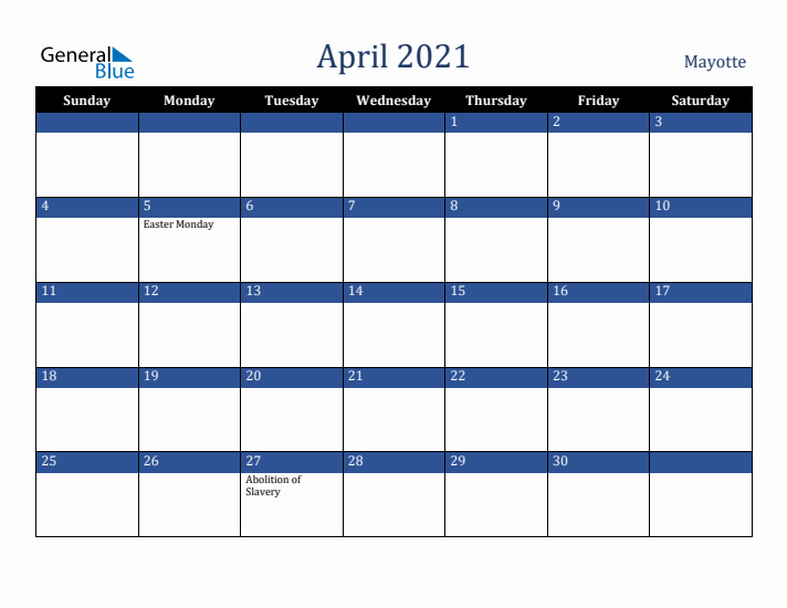 April 2021 Mayotte Calendar (Sunday Start)