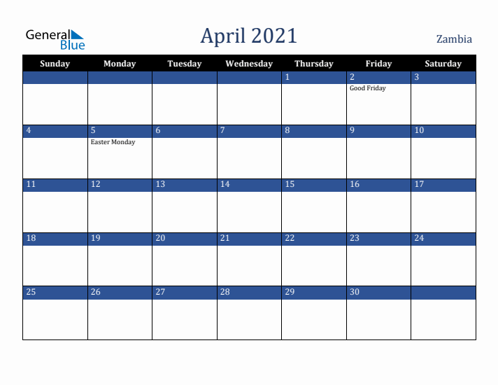 April 2021 Zambia Calendar (Sunday Start)