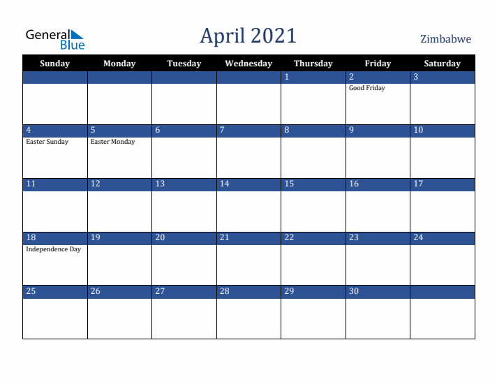 April 2021 Zimbabwe Calendar (Sunday Start)