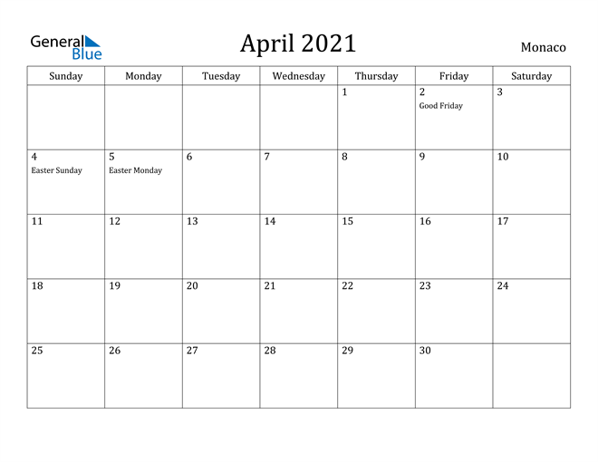 April 2021 Calendar Monaco