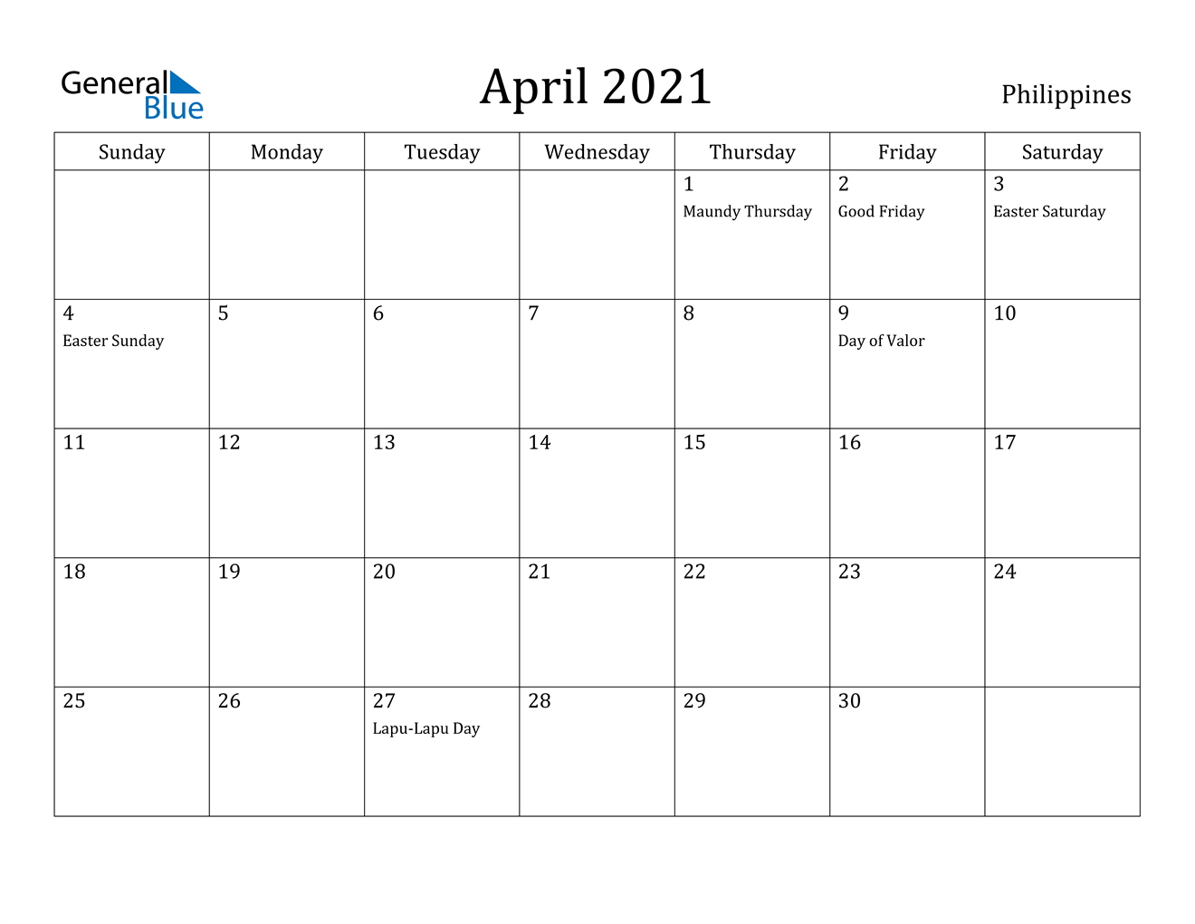 philippines april 2021 calendar with holidays
