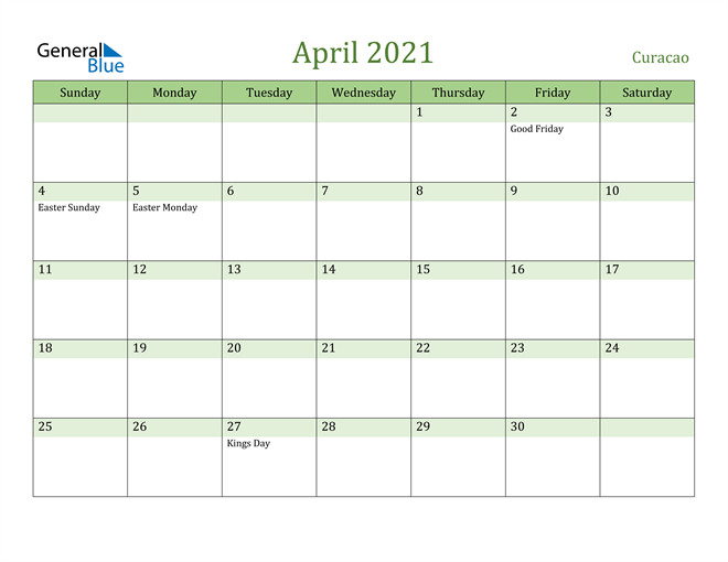 April 2021 Calendar with Curacao Holidays