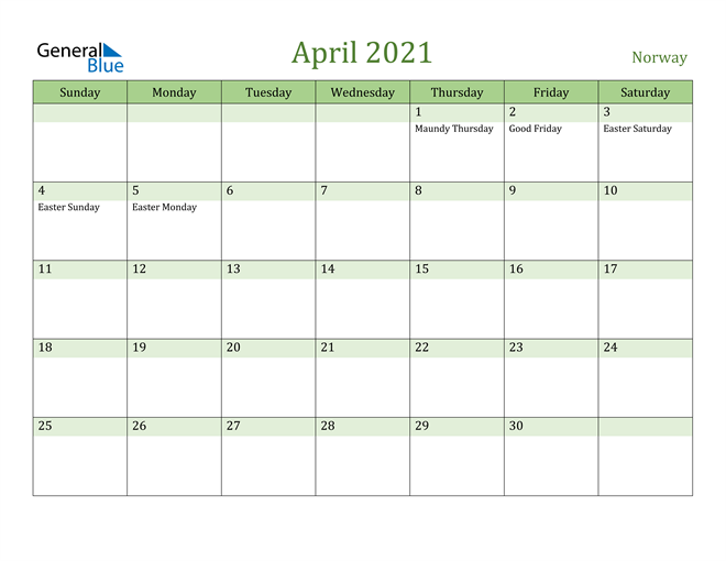 April 2021 Calendar with Norway Holidays