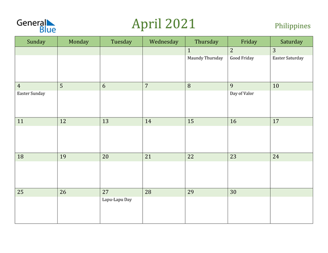 April 2021 Calendar with Philippines Holidays