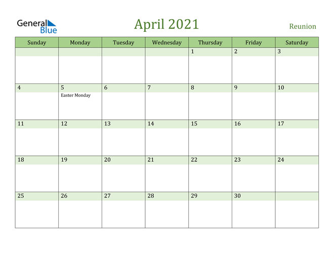April 2021 Calendar with Reunion Holidays