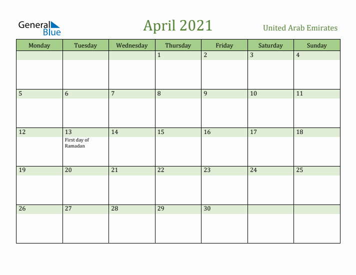 April 2021 Calendar with United Arab Emirates Holidays