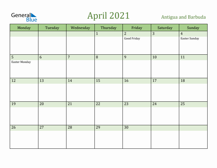 April 2021 Calendar with Antigua and Barbuda Holidays