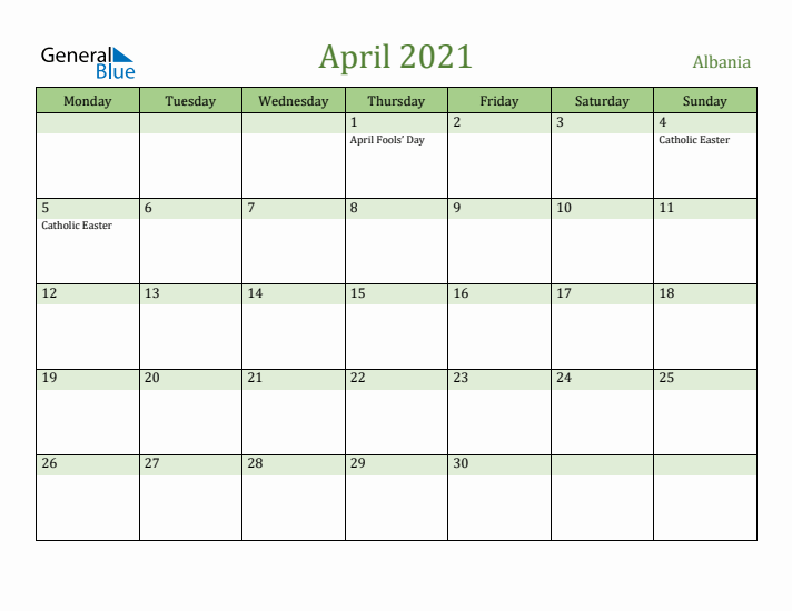 April 2021 Calendar with Albania Holidays