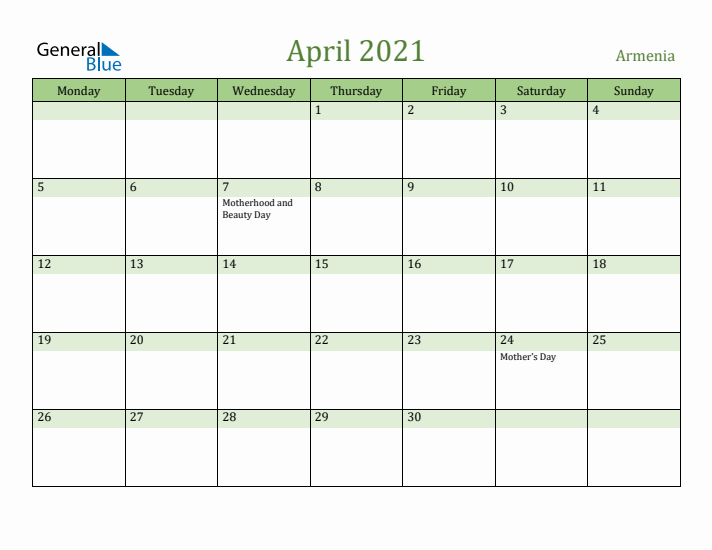 April 2021 Calendar with Armenia Holidays