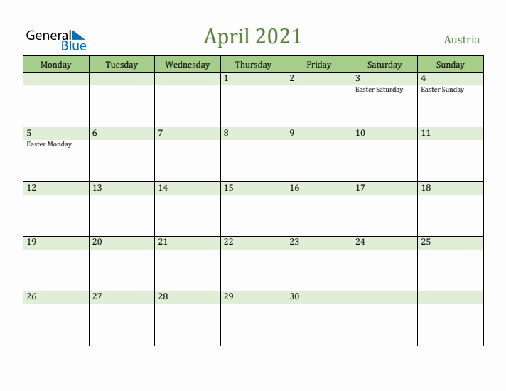 April 2021 Calendar with Austria Holidays