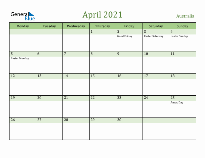 April 2021 Calendar with Australia Holidays