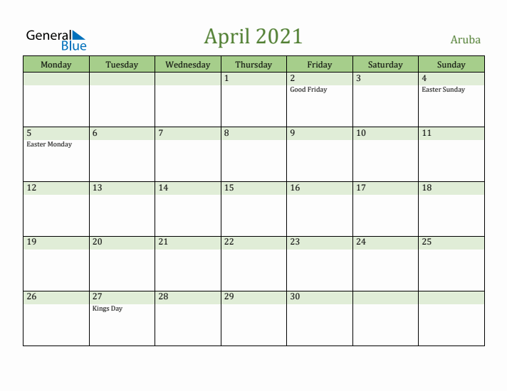April 2021 Calendar with Aruba Holidays
