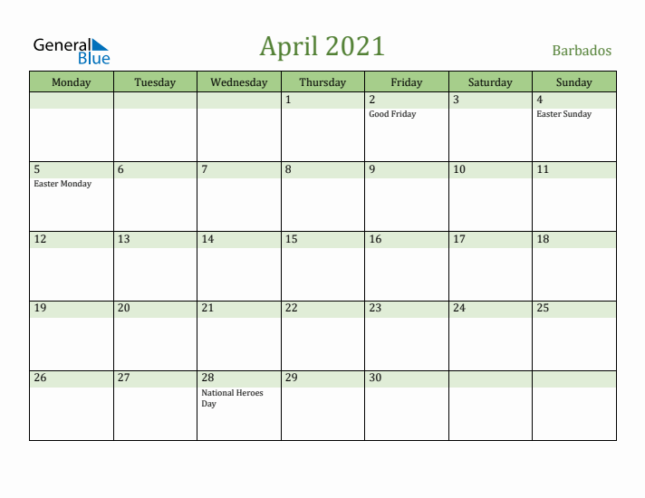 April 2021 Calendar with Barbados Holidays