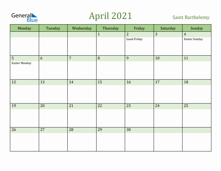 April 2021 Calendar with Saint Barthelemy Holidays
