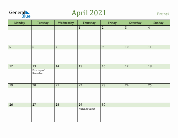 April 2021 Calendar with Brunei Holidays
