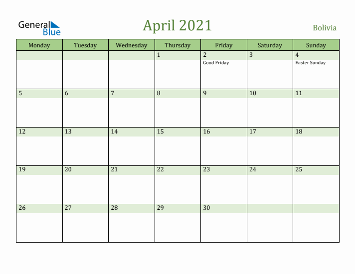 April 2021 Calendar with Bolivia Holidays
