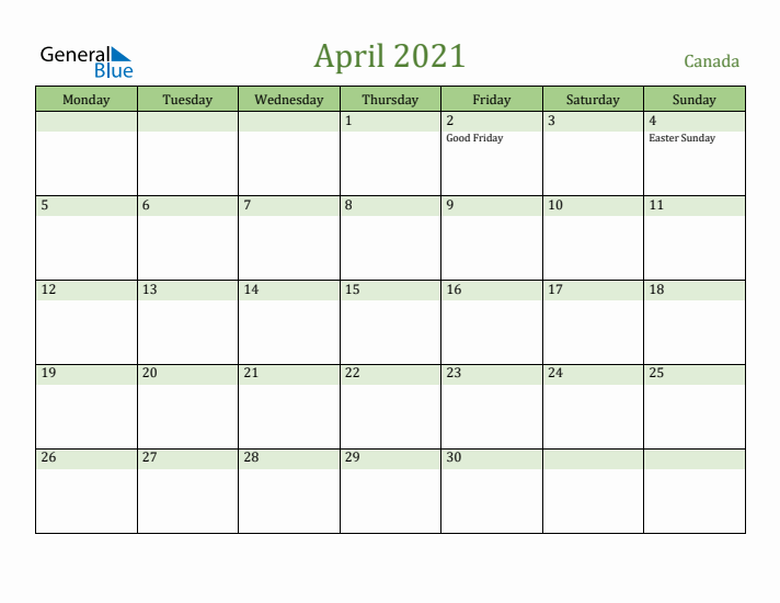 April 2021 Calendar with Canada Holidays