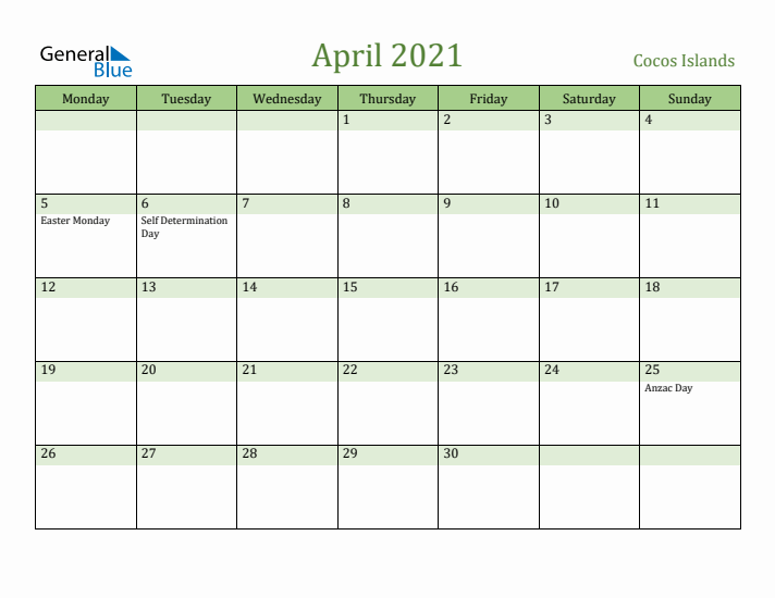 April 2021 Calendar with Cocos Islands Holidays